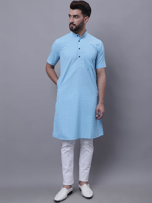 Even Apparels Blue Pure Cotton Short Sleeves Kurta With Band Collar 
