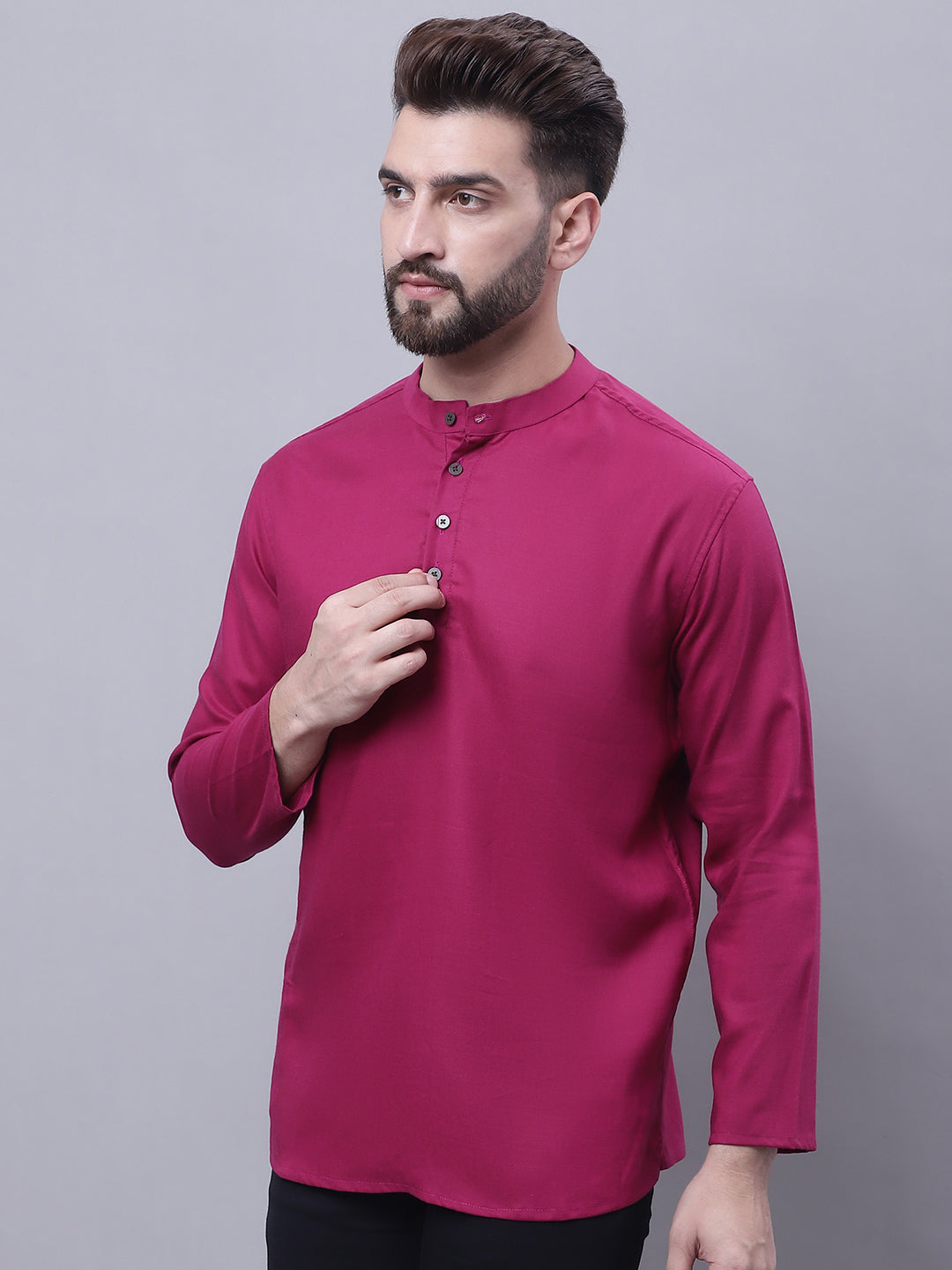 Even Apparels Wine Pure Cotton Short Kurta With Band Collar 
