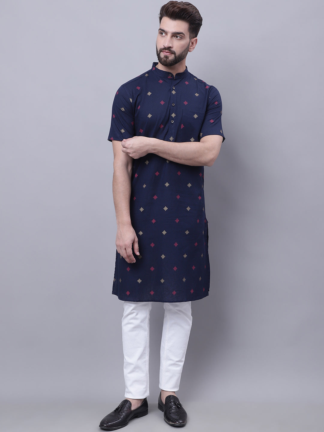 Even Apparels Blue Pure Cotton Short Sleeves Kurta With Band Collar 