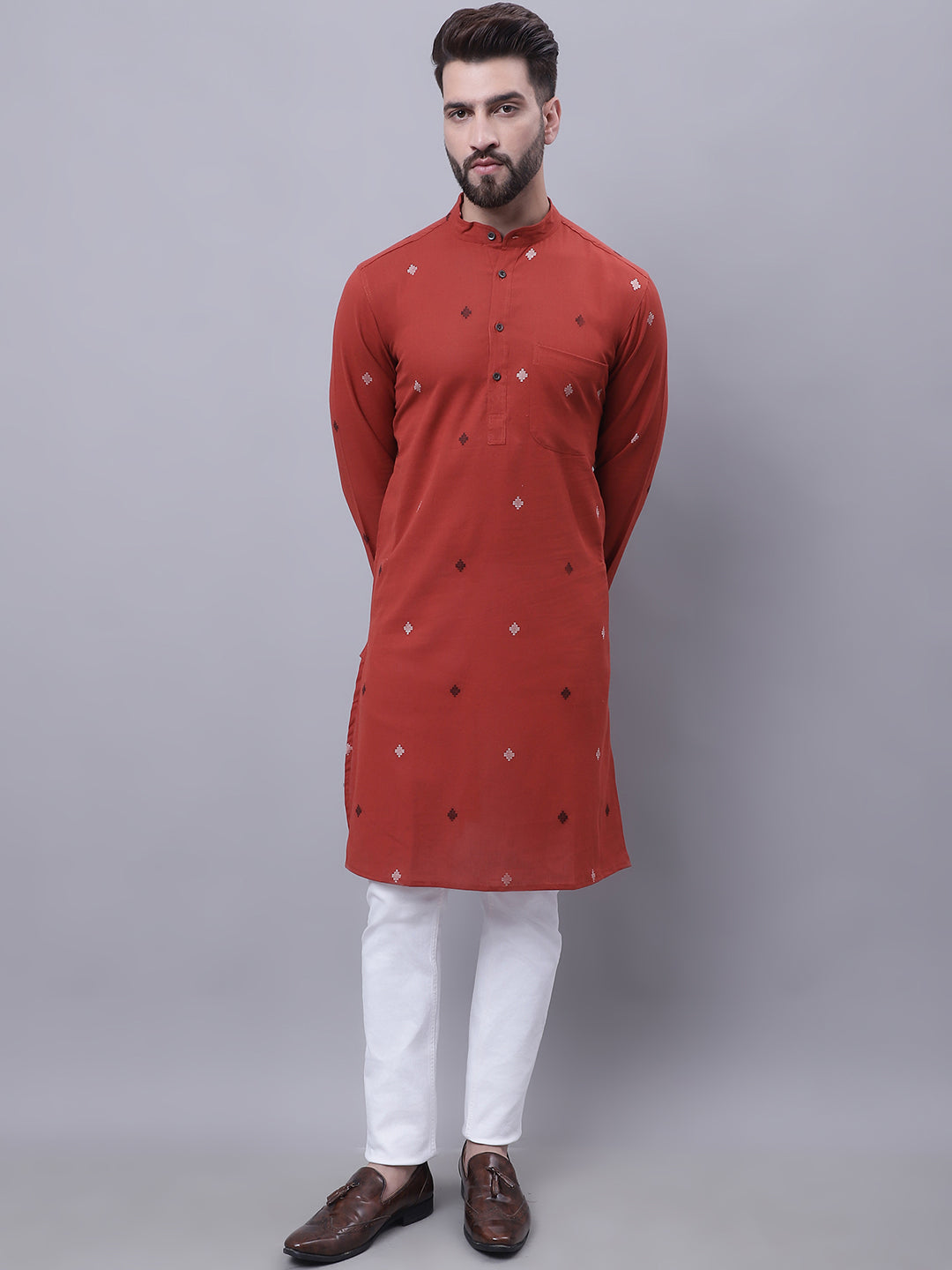 Even Apparels Rust Pure Cotton Kurta With Band Collar 