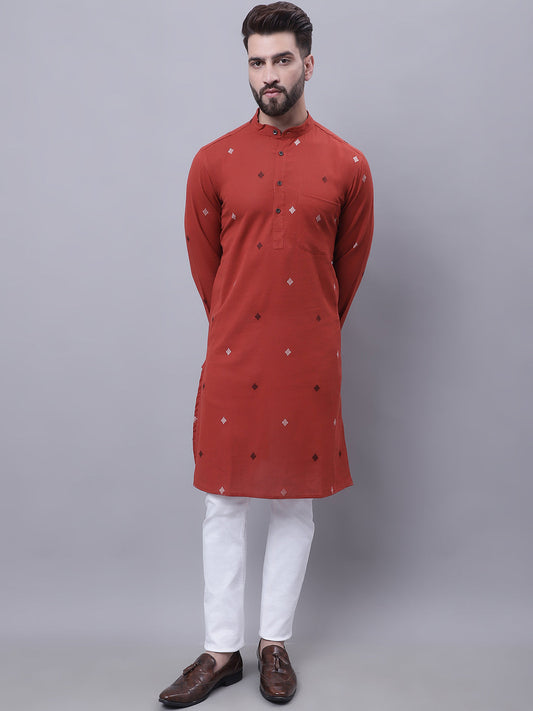 Even Apparels Rust Pure Cotton Kurta With Band Collar 