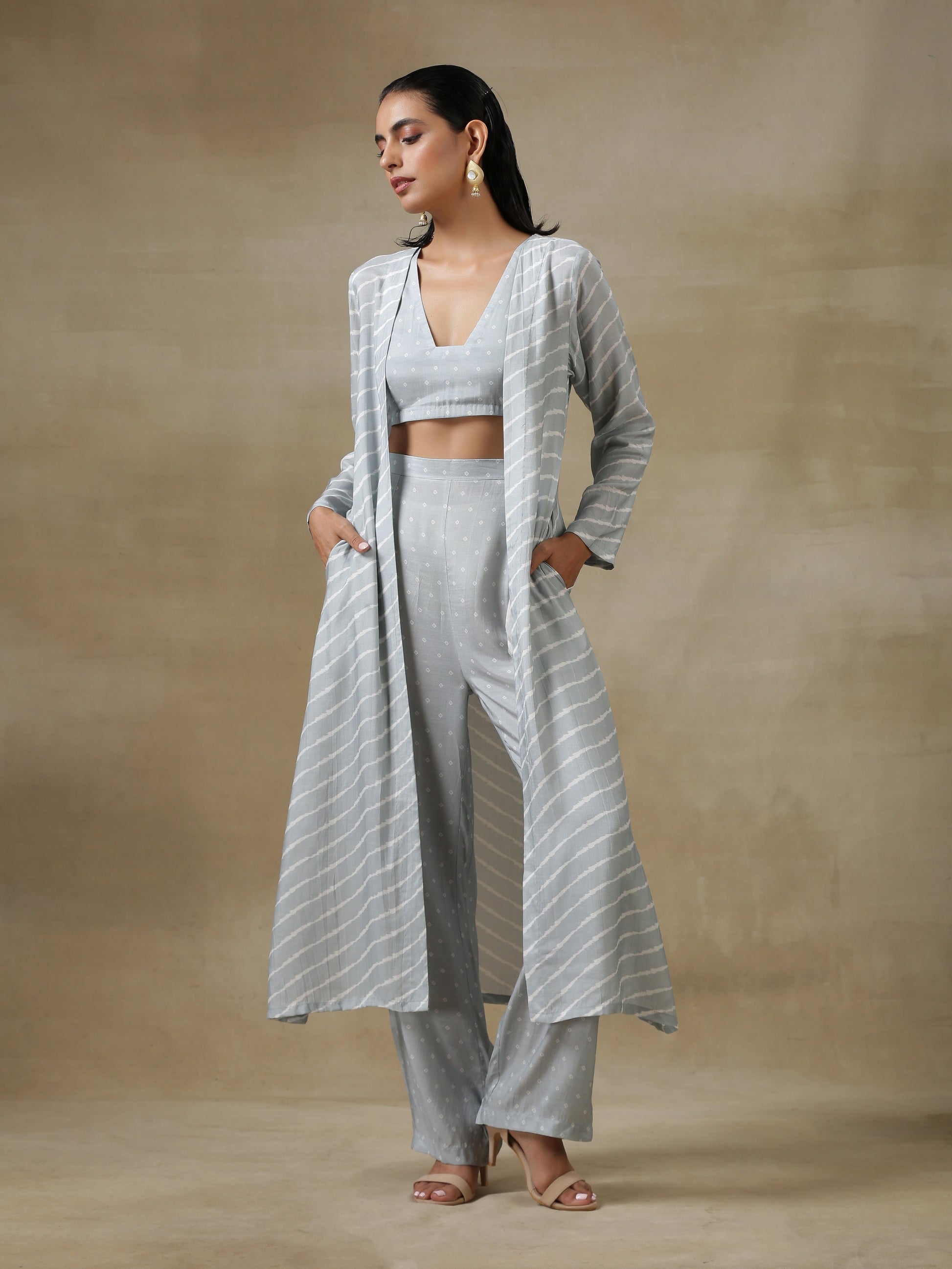 trueBrowns Grey Bandhani Printed Silk Overlay Jacket Blouse Pant Set 