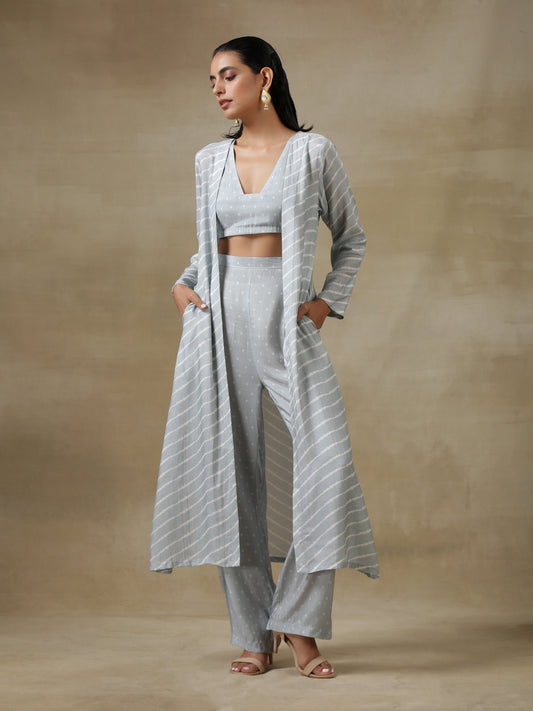 trueBrowns Grey Bandhani Printed Silk Overlay Jacket Blouse Pant Set 