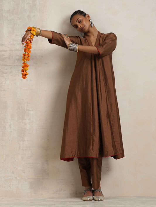 trueBrowns Brown Silk Kurta Set 