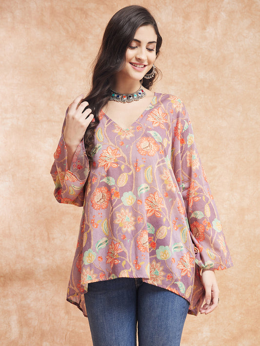 InWeave Women's Dove Grey Floral Digital Print Kaftan Boho Top 