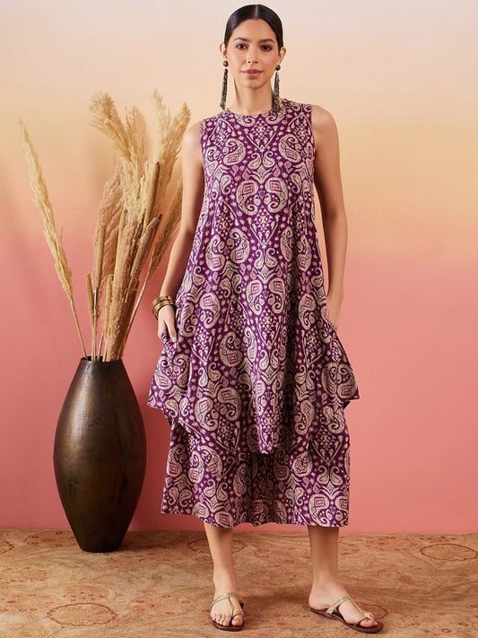 InWeave Dusty Mauve Paisley Round Neck Kurta Short Palazzo Set 