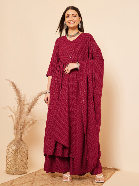 InWeave Women's Maroon Chikankari Long Anarkali Kurta Palazzo Set W Dupatta 