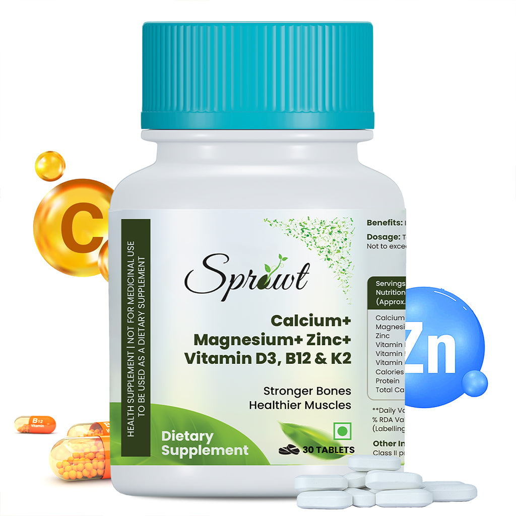 Sprowt Calcium Magnesium Zinc Vitamin D3, B12 & K2 Tablets 