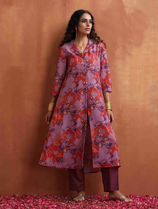 trueBrowns Purple Print Shirt Kurta Set 