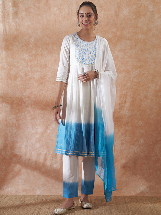 InWeave Women's White Lurex Blue Dye Patch Gota Anarkali Kurta Set W Dupatta 
