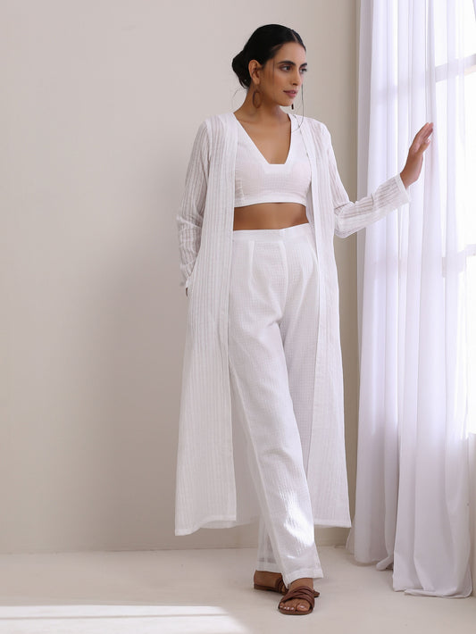 trueBrowns White Dobby Overlay Jacket Blouse Pant Set 