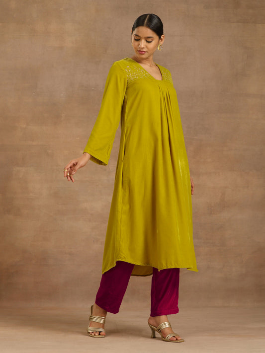trueBrowns Lime Velvet Yoke Embroidered Kurta 