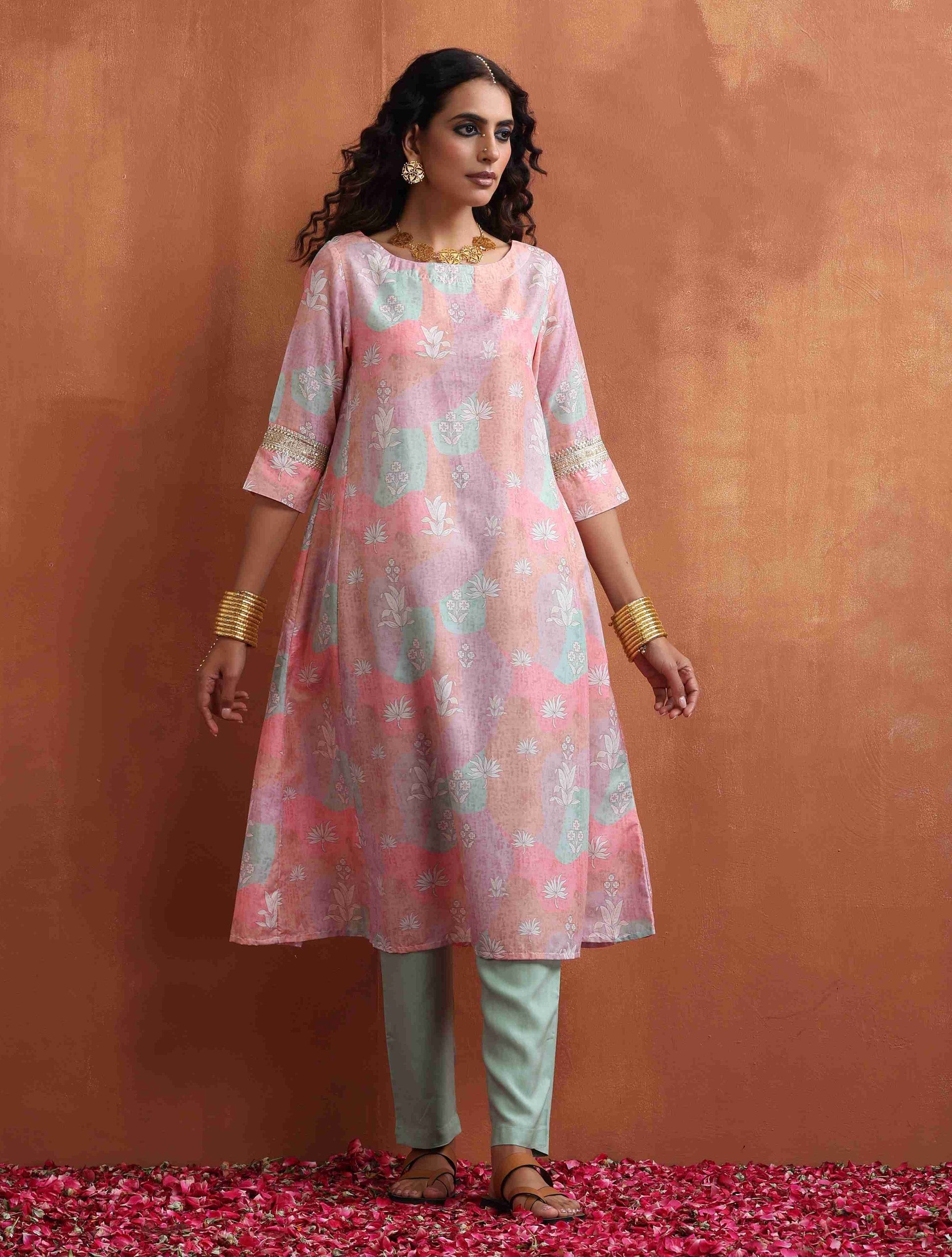 trueBrowns Beige Palm Print A-line Kurta Set 