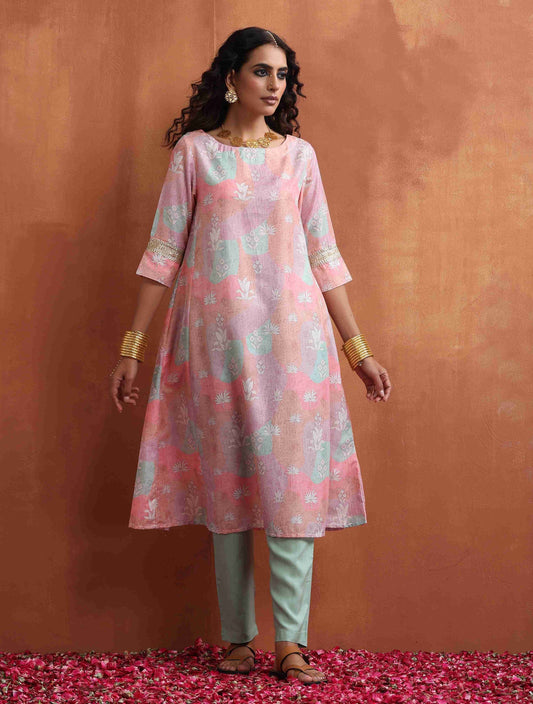 trueBrowns Beige Palm Print A-line Kurta Set 