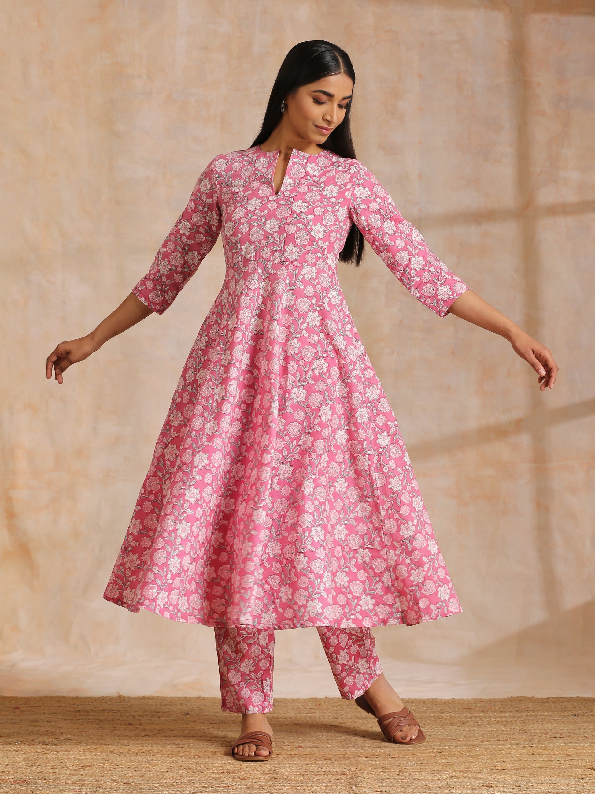 trueBrowns Pink Overall Floral Block Print Cotton Flared Kurta Pant Set 