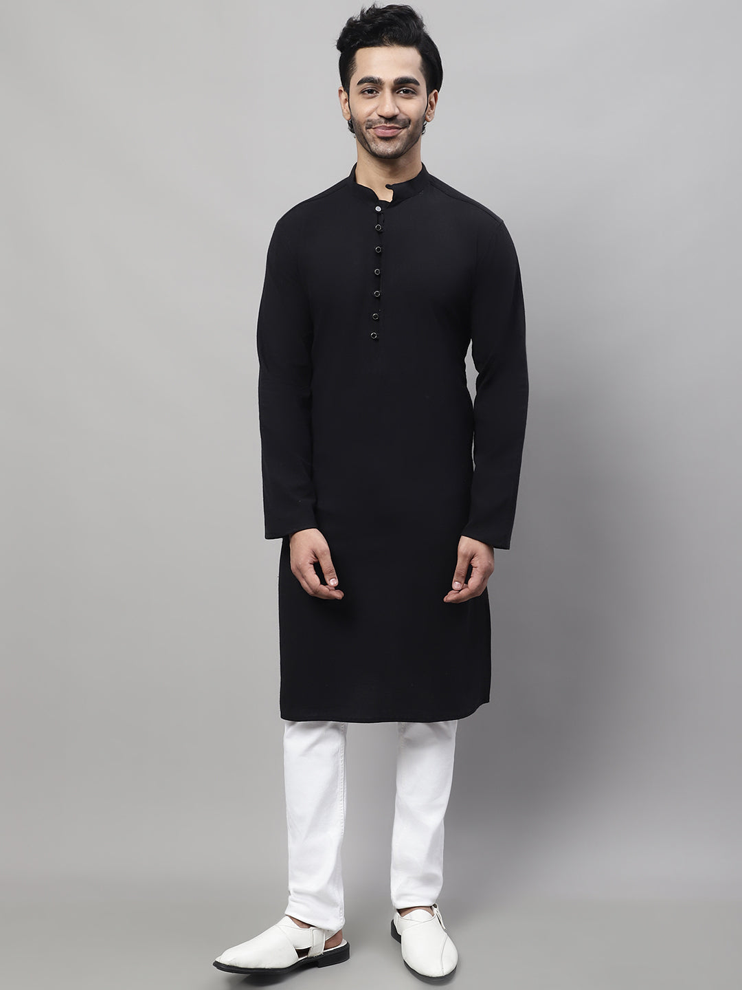 Even Apparels Black Pure Cotton Kurta With Band Collar 