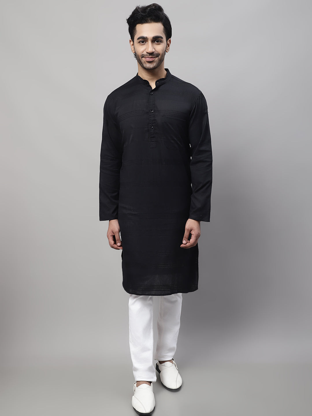 Even Apparels Black Pure Cotton Kurta With Band Collar 