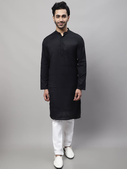 Even Apparels Black Pure Cotton Kurta With Band Collar 