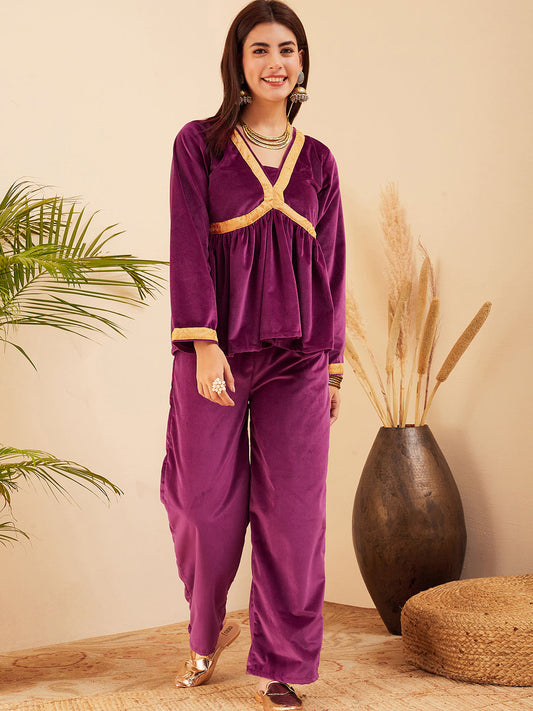 InWeave Women's Wine Mughal Shaan Style Velvet Short Kurta Set 
