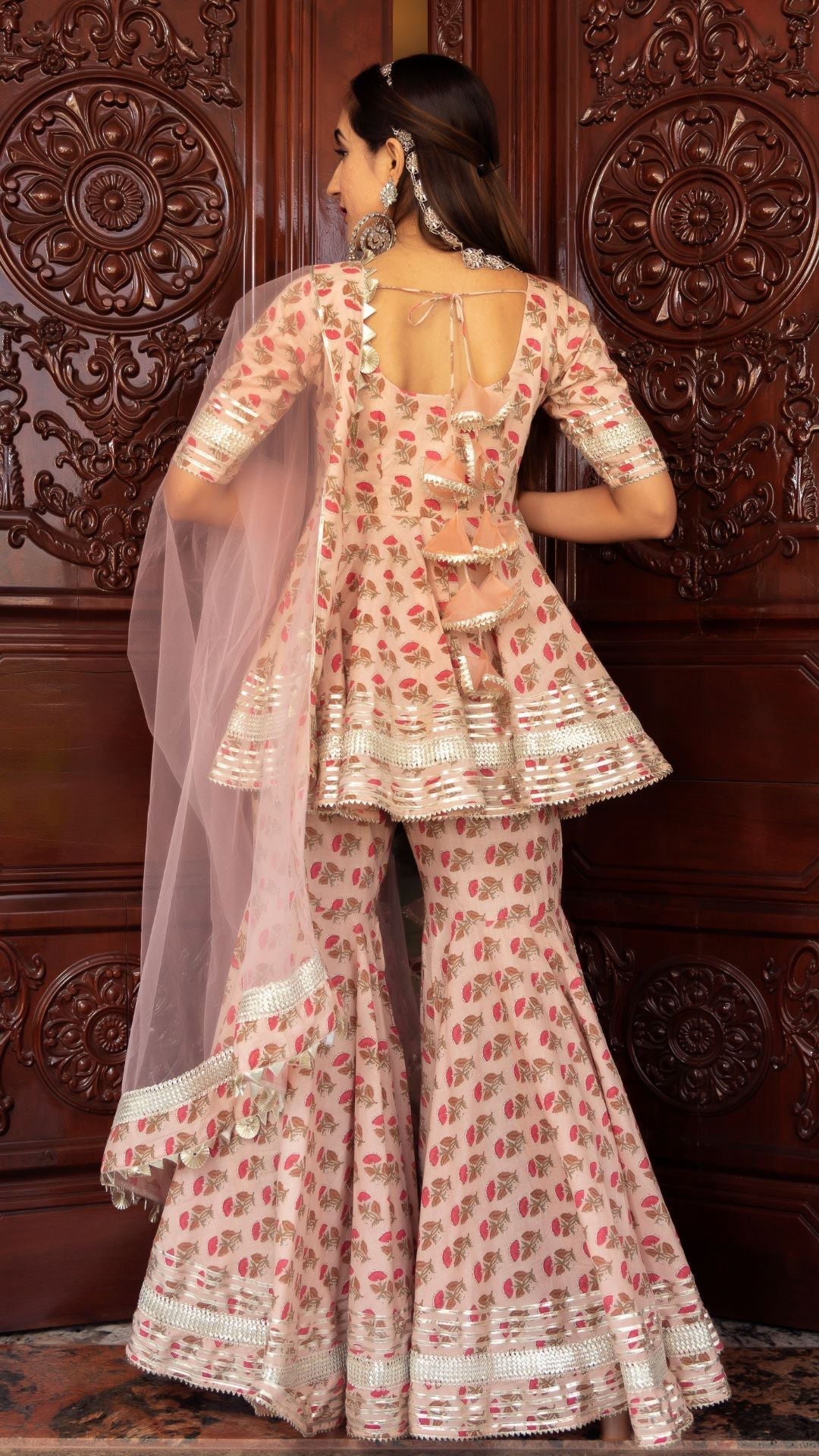 Pomcha Jaipur Peach Hand Block Cotton Sharara Set 
