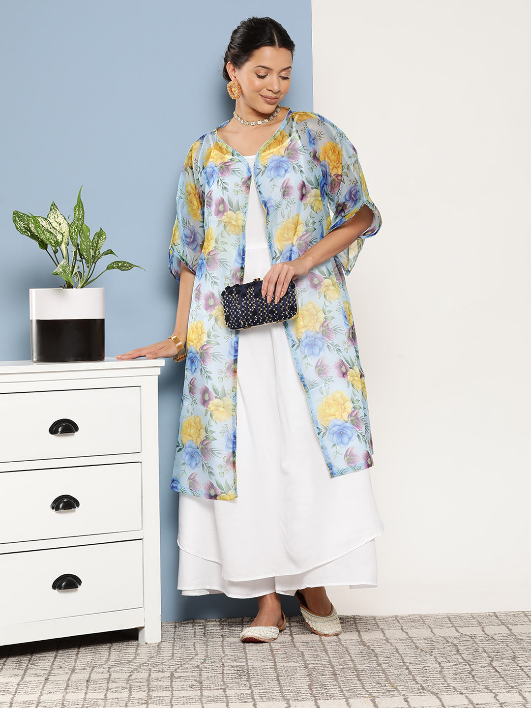 InWeave Women's Cream Strappy With Blue Floral Print Cape 