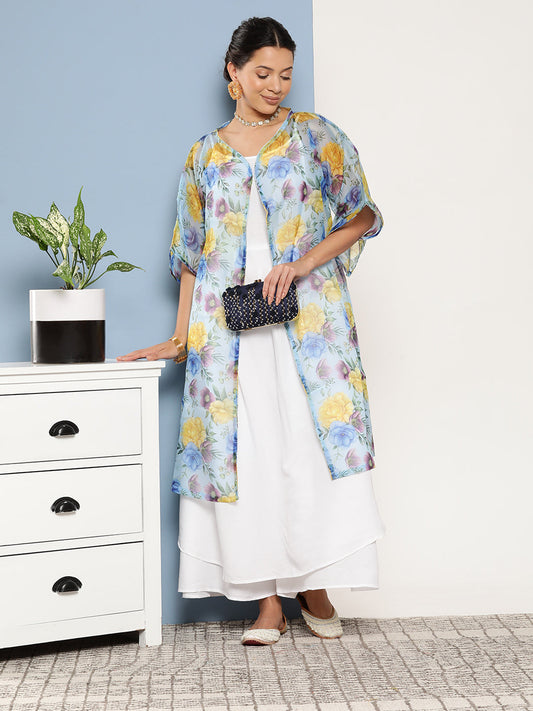 InWeave Women's Cream Strappy With Blue Floral Print Cape 