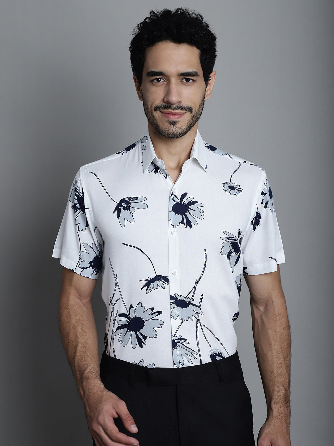 Jainish Men's Floral Printed Formal Shirts - White