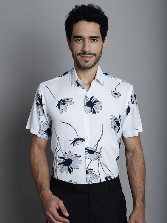 Jainish Men's Floral Printed Formal Shirts - White
