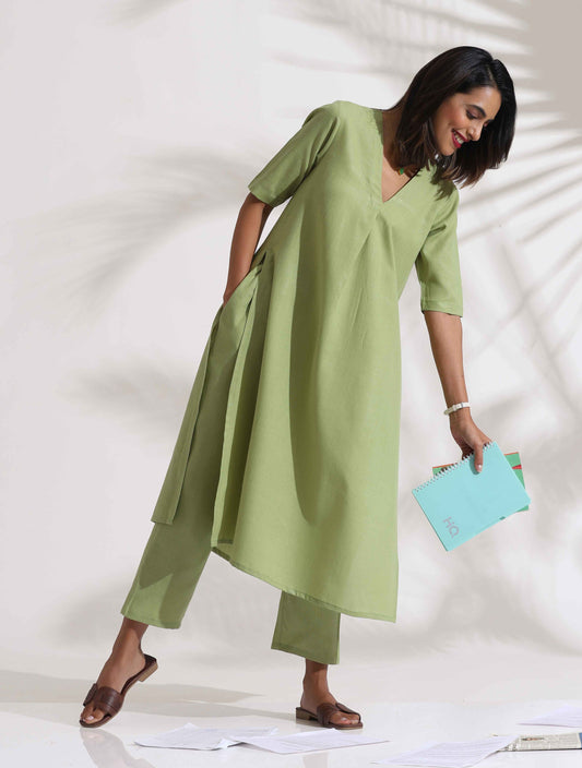 trueBrowns Green Slub Kurta Set 