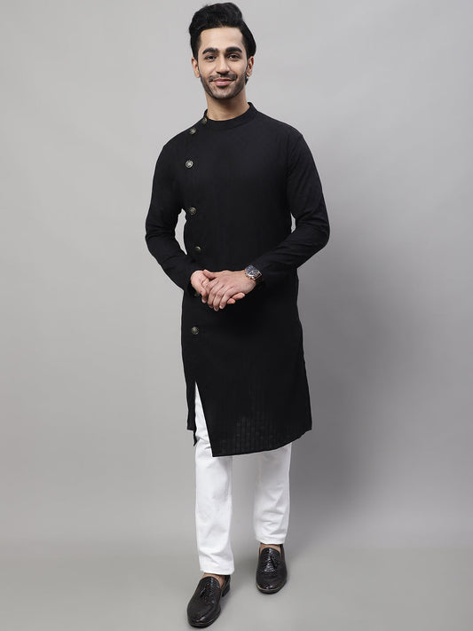 Even Apparels Black Pure Cotton Kurta With Band Collar