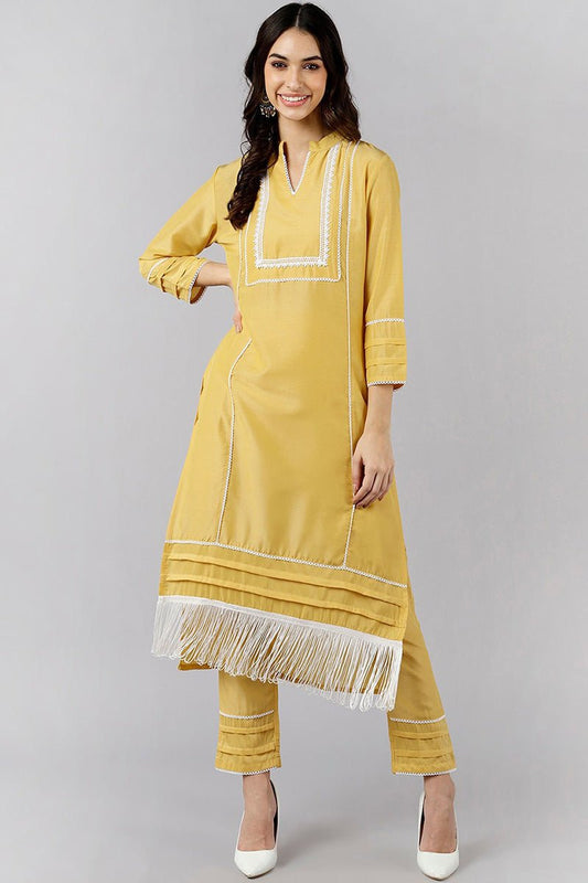 Ahika Yellow Poly Silk Solid Straight Kurta Set