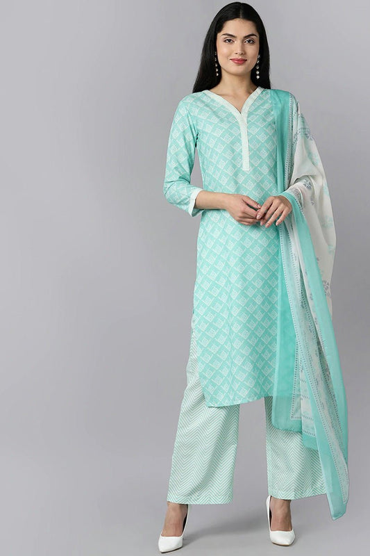Ahika Sea Green Polyester Straight Kurta Palazzo With Dupatta