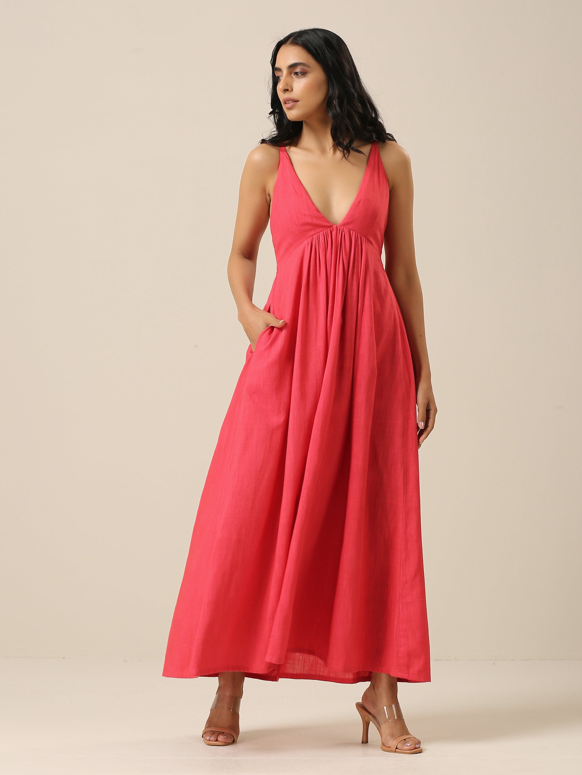 trueBrowns Bright Pink Slub Texture Sleeveless Dress 