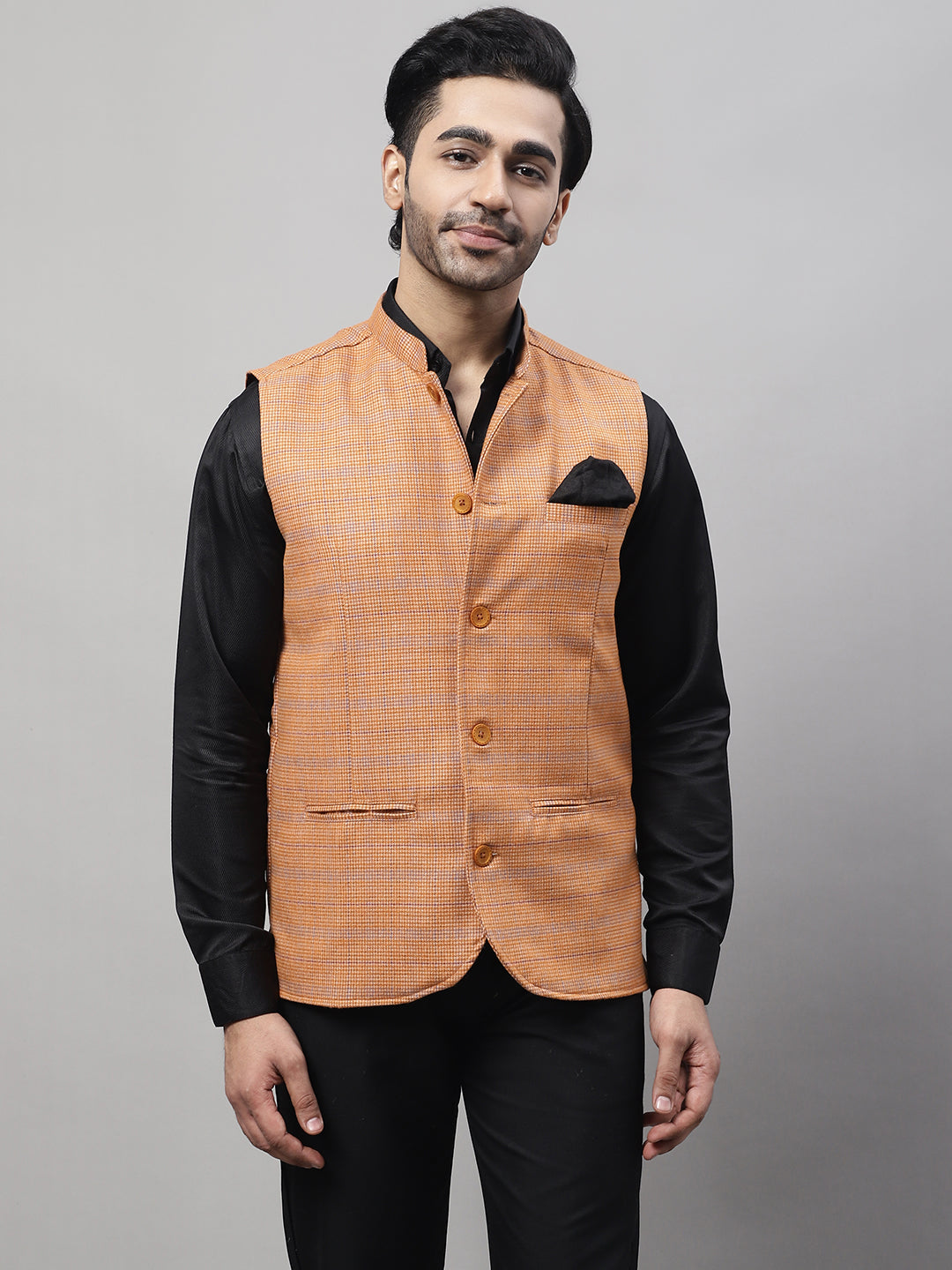 Even Apparels Men's Orange Nehru Jacket With Welt Pockets 