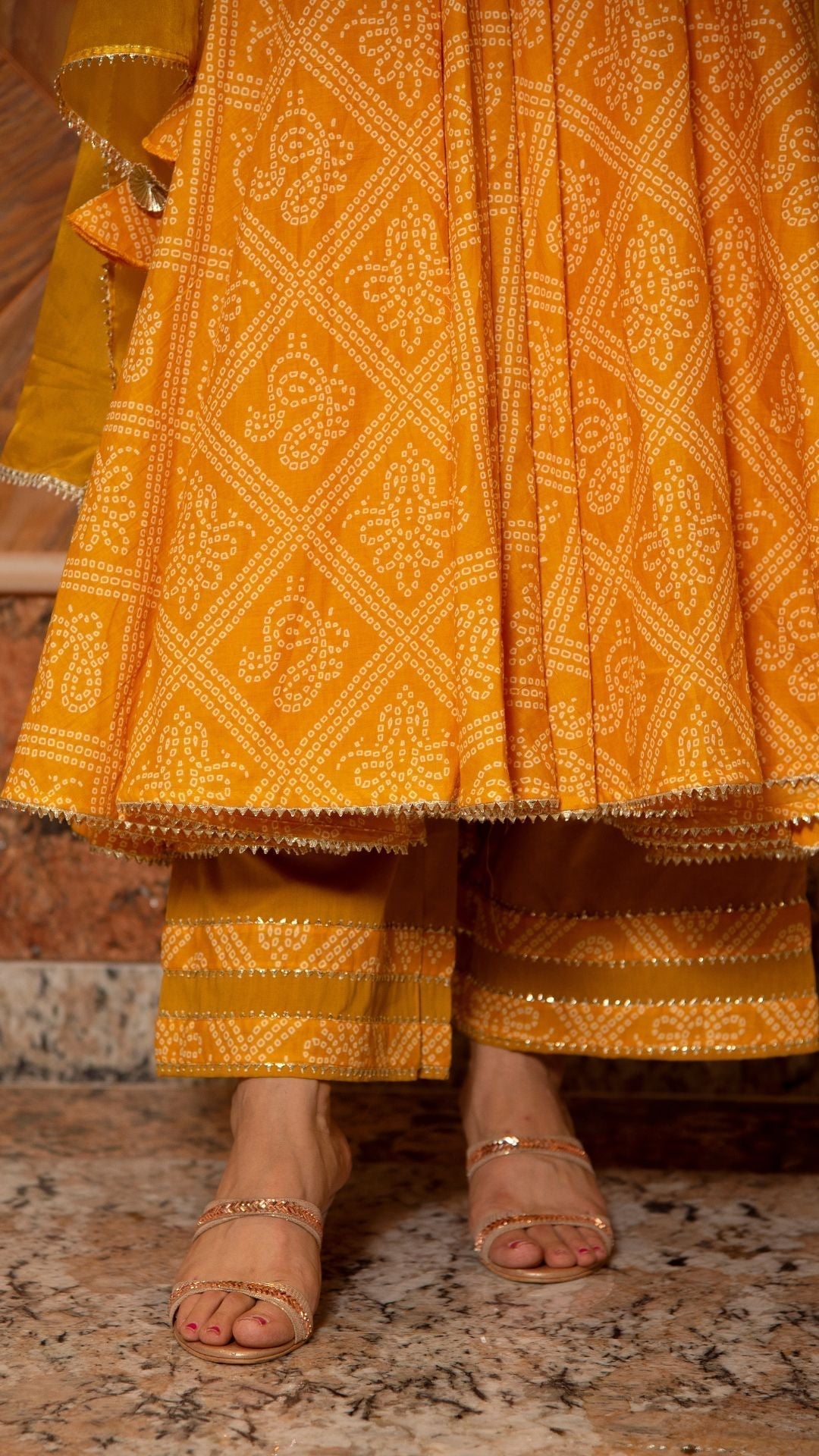 Pomcha Jaipur Bandhej Yellow Cotton Anarkali Set 