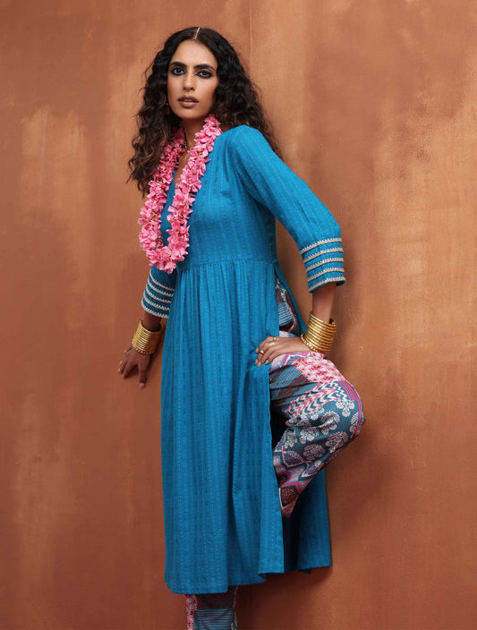 trueBrowns Blue Cotton Flared Anarkali Kurta Set 