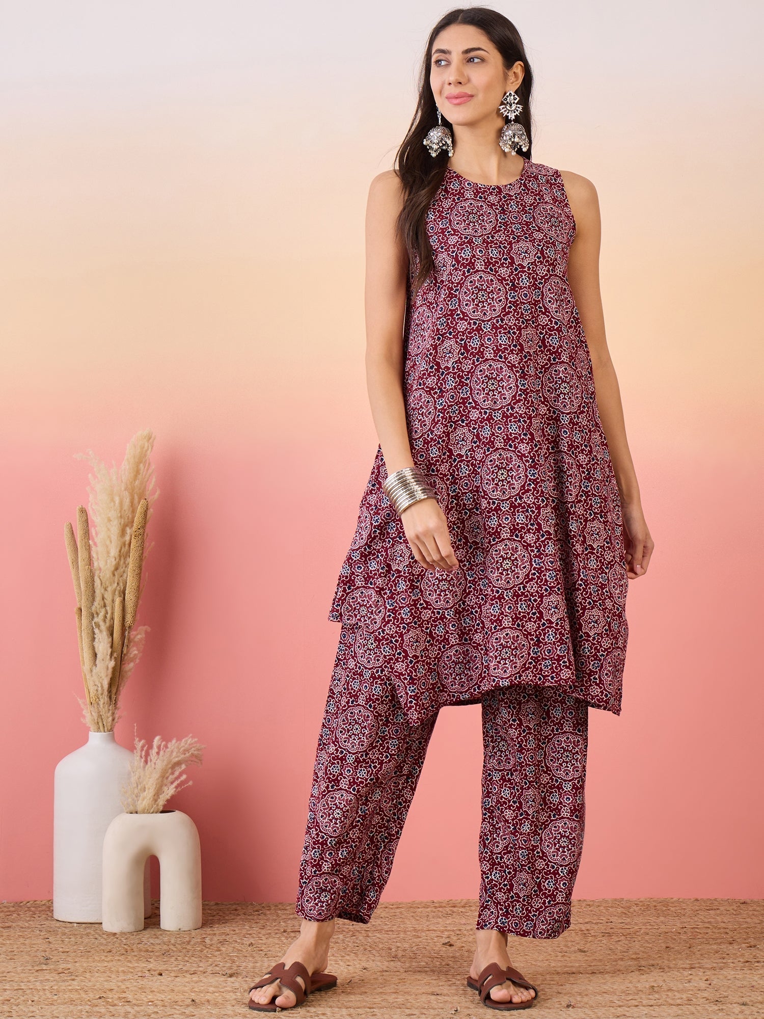 InWeave Maroon Navy Ajrakh Foil Round Neck Kurta Pant Set 