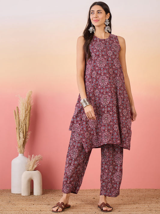 InWeave Maroon Navy Ajrakh Foil Round Neck Kurta Pant Set 