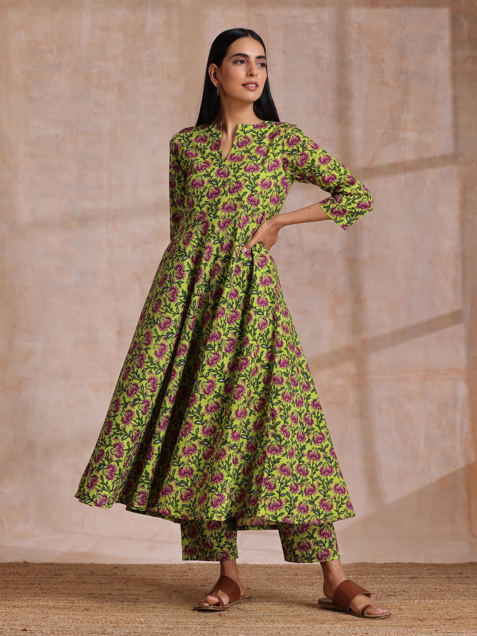 trueBrowns Lime Green Overall Pink Floral Block Print Cotton Flared Kurta Pant Set 