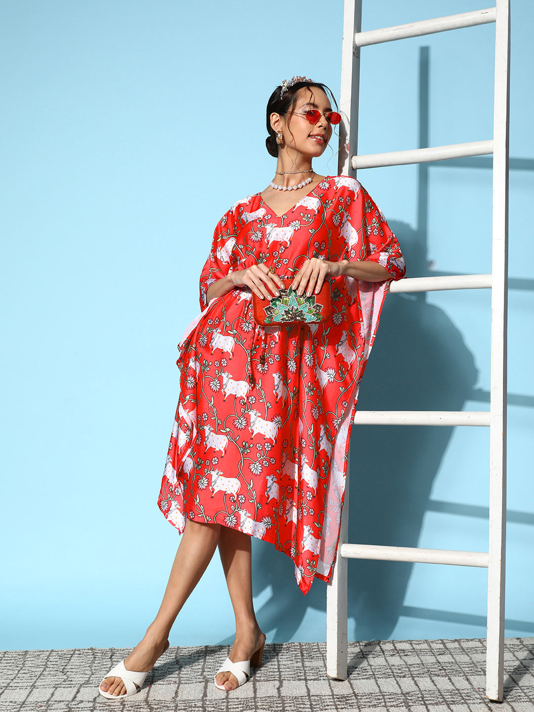 InWeave Women's Bright Pink Indian Bull Print Kaftan 