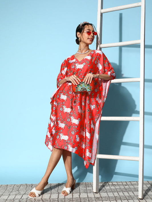 InWeave Women's Bright Pink Indian Bull Print Kaftan 