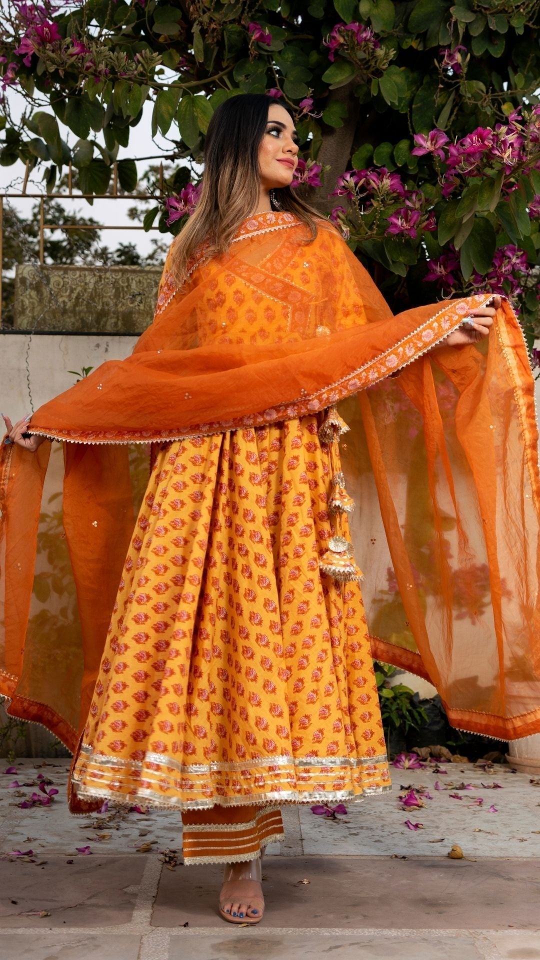 Pomcha Jaipur Mehar Light Brown Hand Block Anarkali Set 