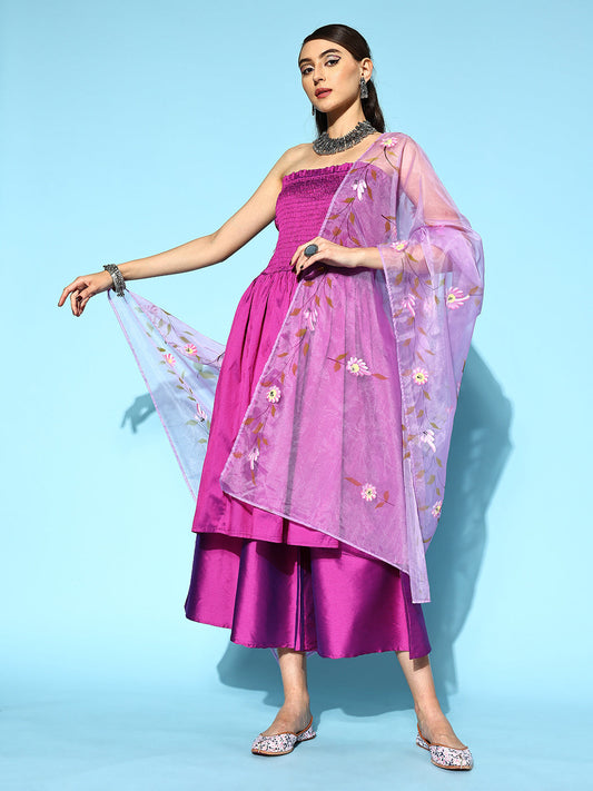 InWeave Purple Off Shoulder Silk Kurta Set -Mauve Hand Painted Dupatta 