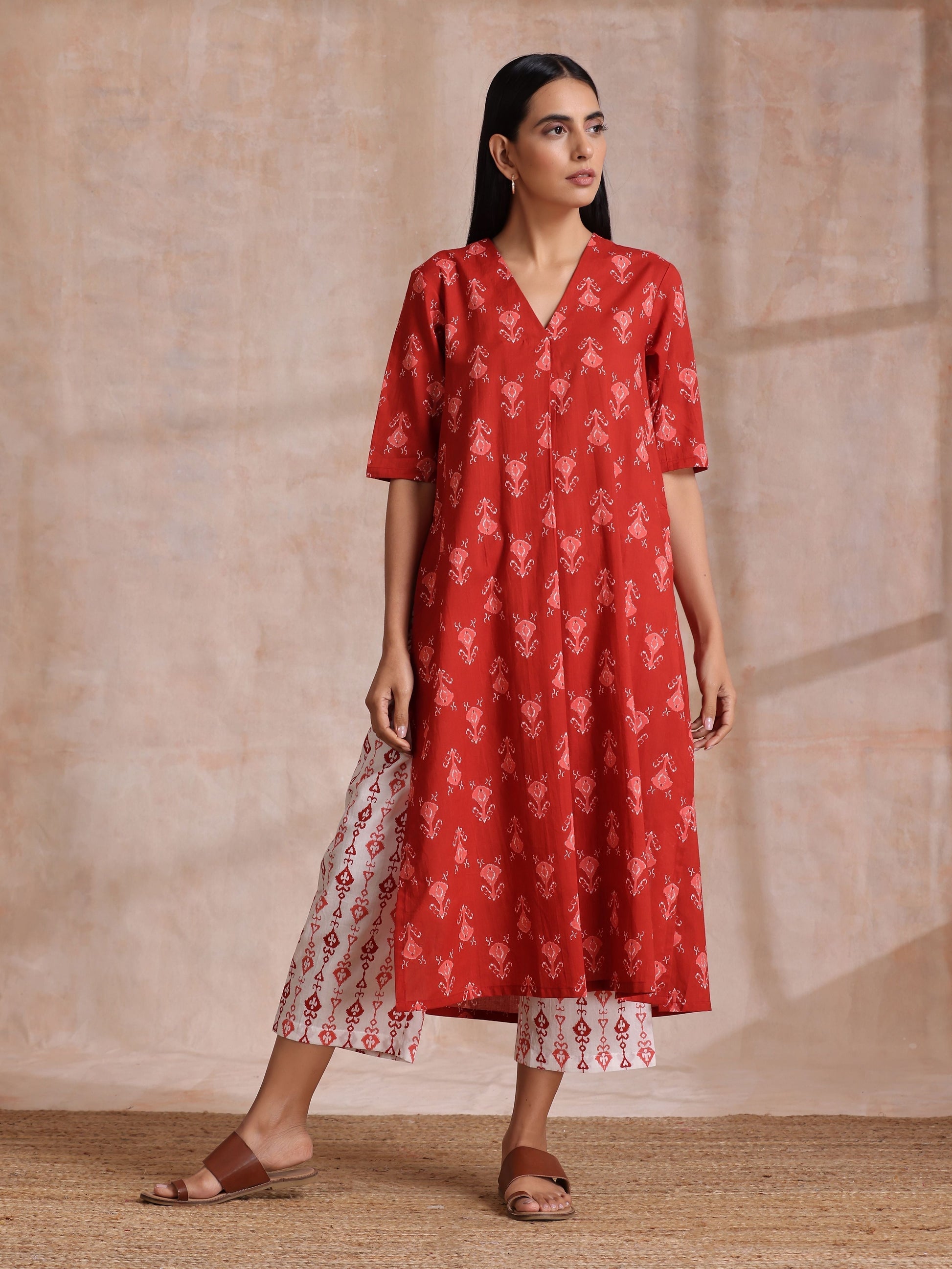 trueBrowns Red On Red Ikat Print Cotton Kurta Pant Set 