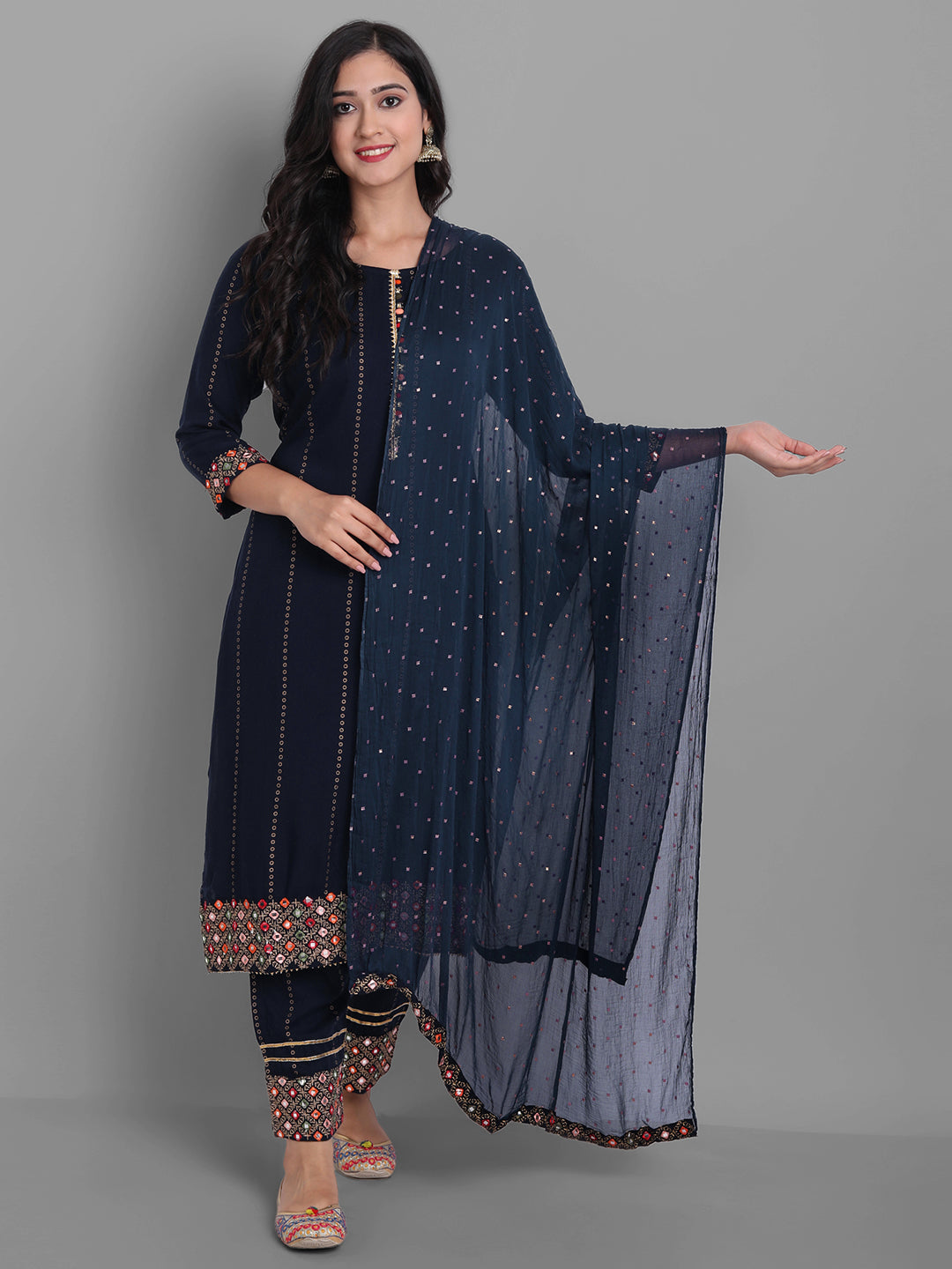 Indian Clothing Women's Navy Rayon Kurta Pant And Dupatta Set - NOZ2TOZ | Grab2Buy