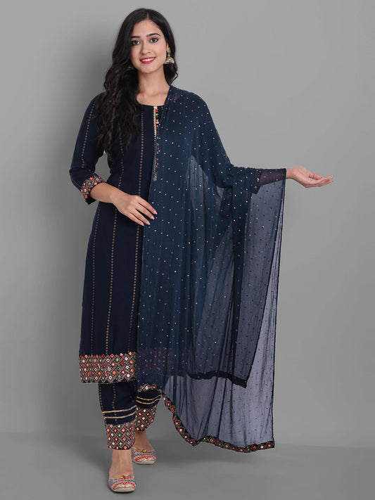 Indian Clothing Women's Navy Rayon Kurta Pant And Dupatta Set - NOZ2TOZ | Grab2Buy