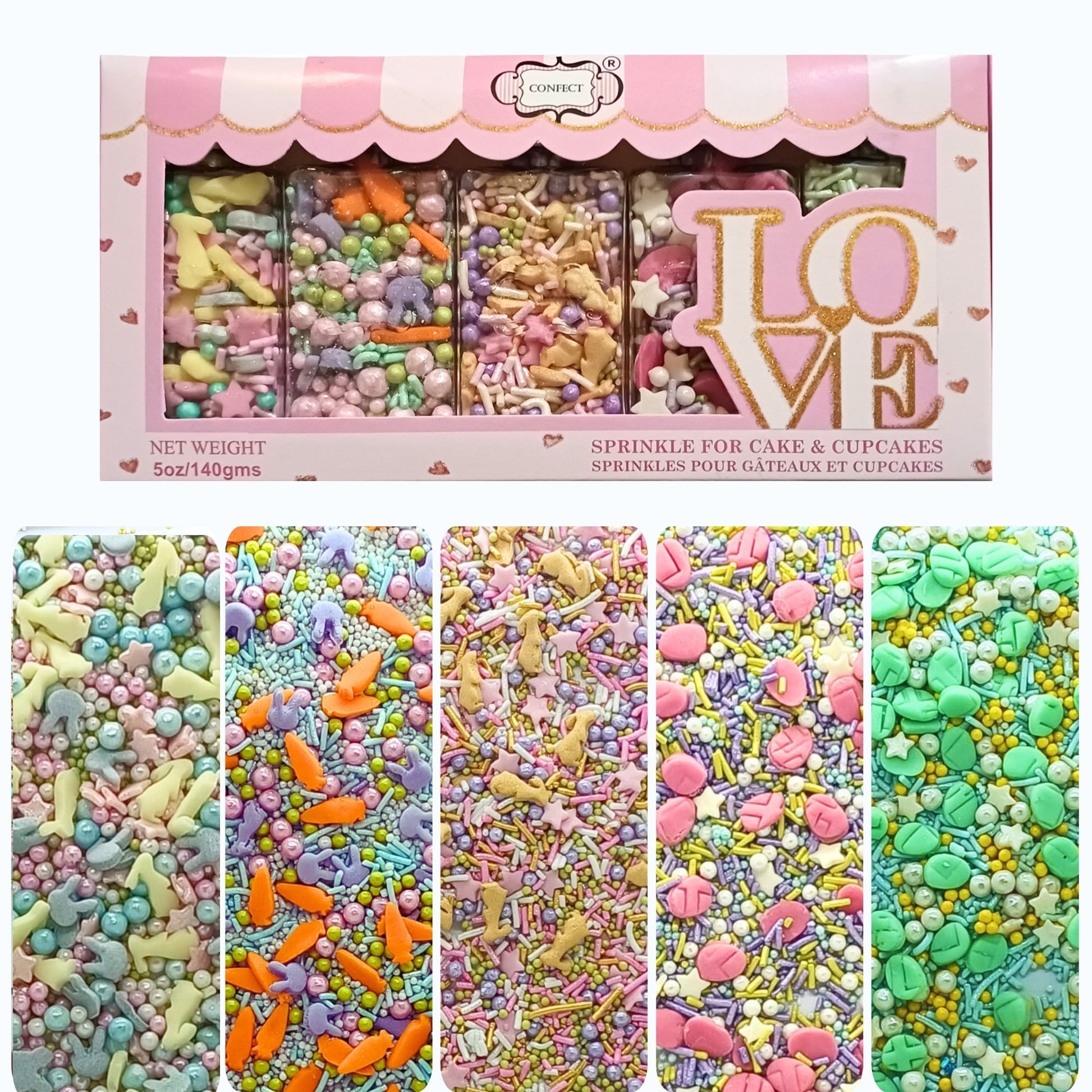 Confect Spring Sprinkles Edible |  Mix Green & Pink Eggs & Yellow & Gold Bunny pack of 5 (EAST 3) - 100Gms