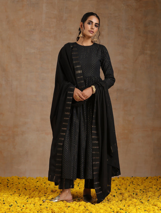 trueBrowns Black Gold Cotton Anarkali Set 