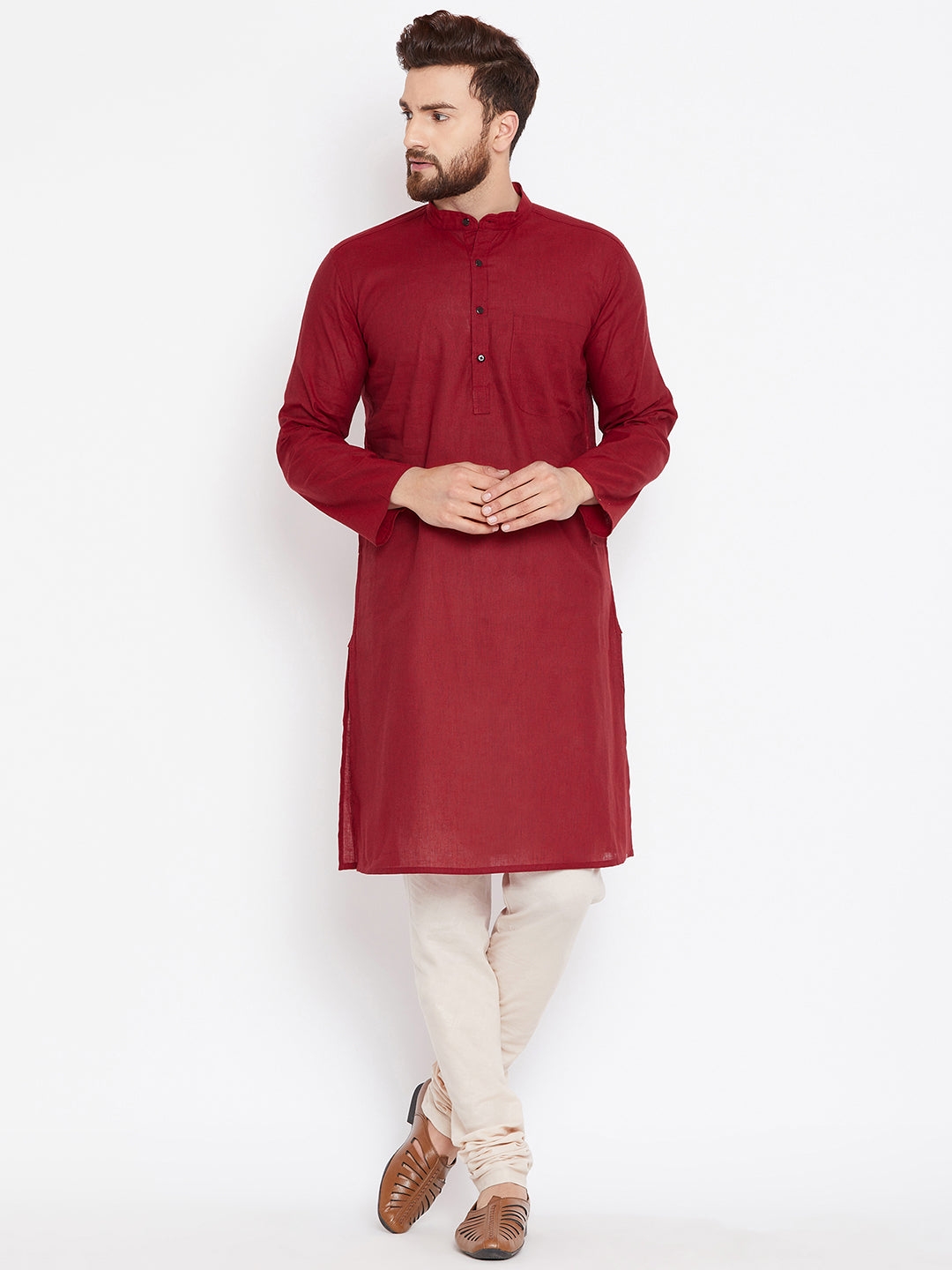 Even Apparels Maroon Pure Cotton Kurta With Band Collar 