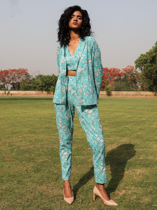 trueBrowns Turquoise Cotton Block Print Pant Suit Set 